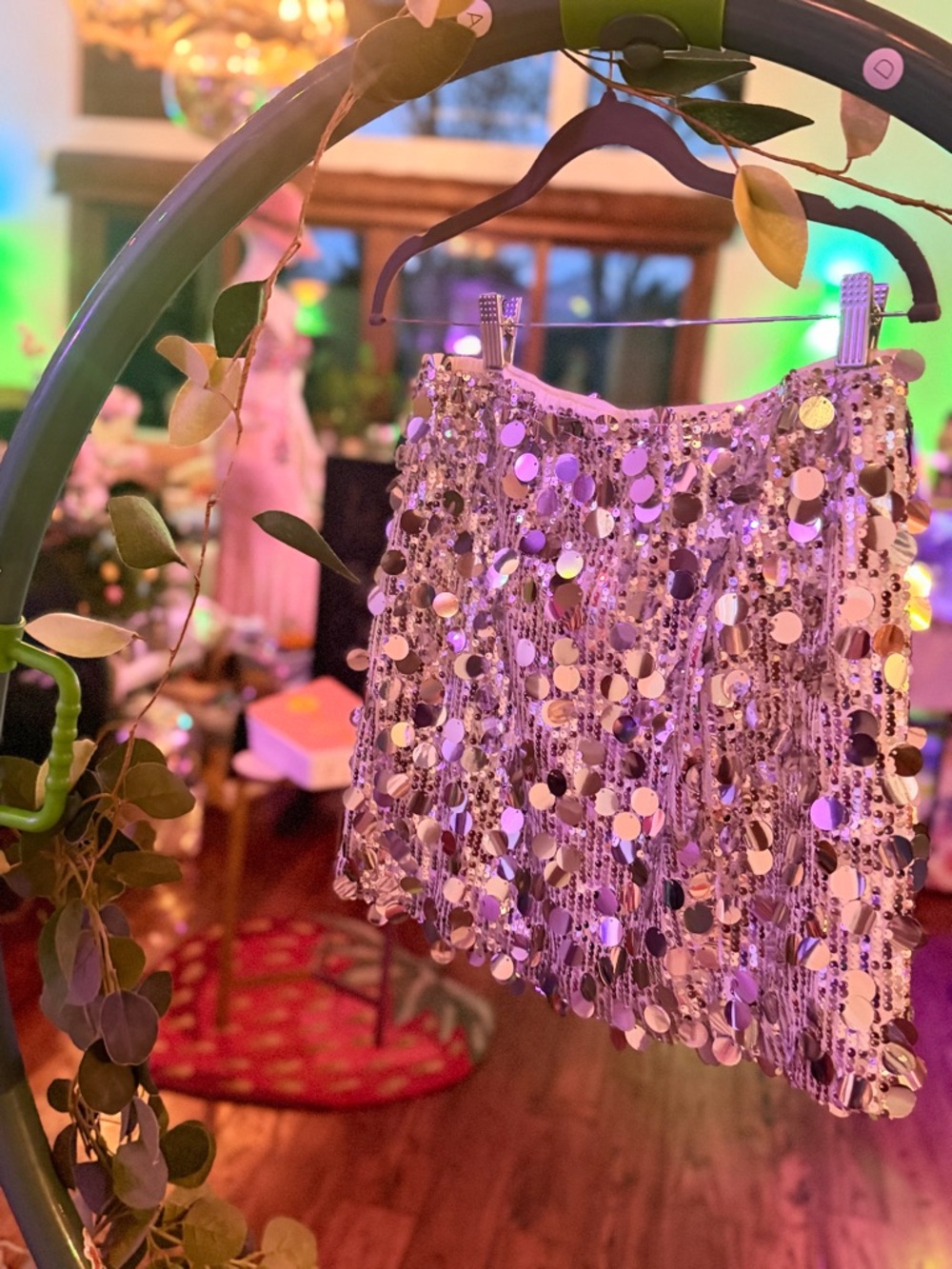 Sequin Mini Skirt - Silver Mirror Disc Detail